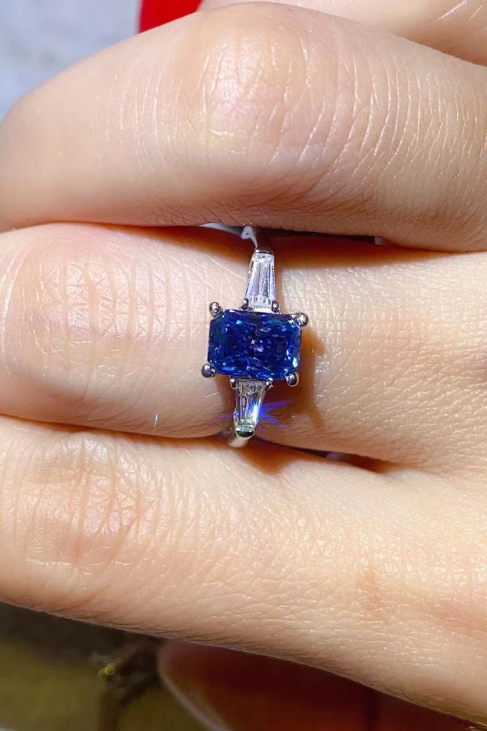 1 Carat Moissanite Rectangle Ring in Blue