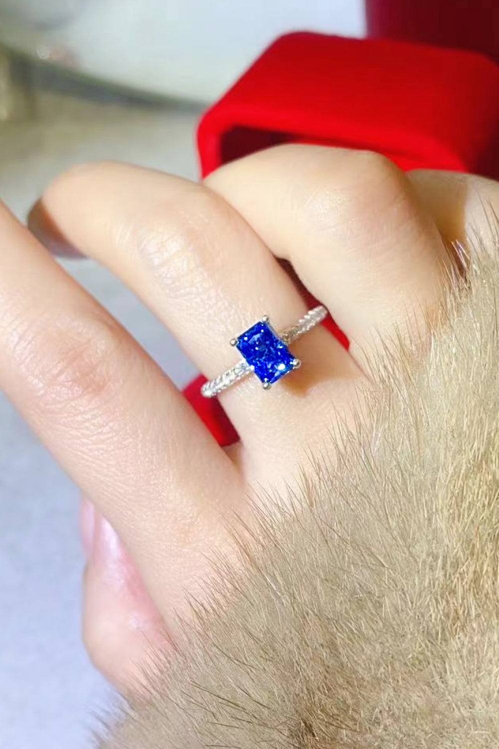1 Carat Moissanite Rectangle Ring in Blue