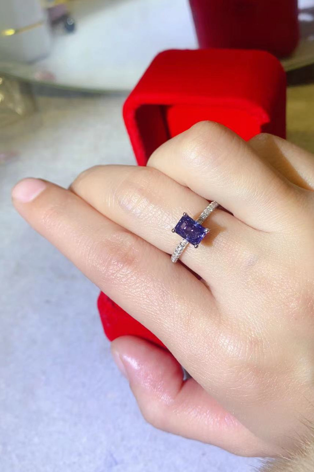 1 Carat Moissanite Rectangle Ring in Blue