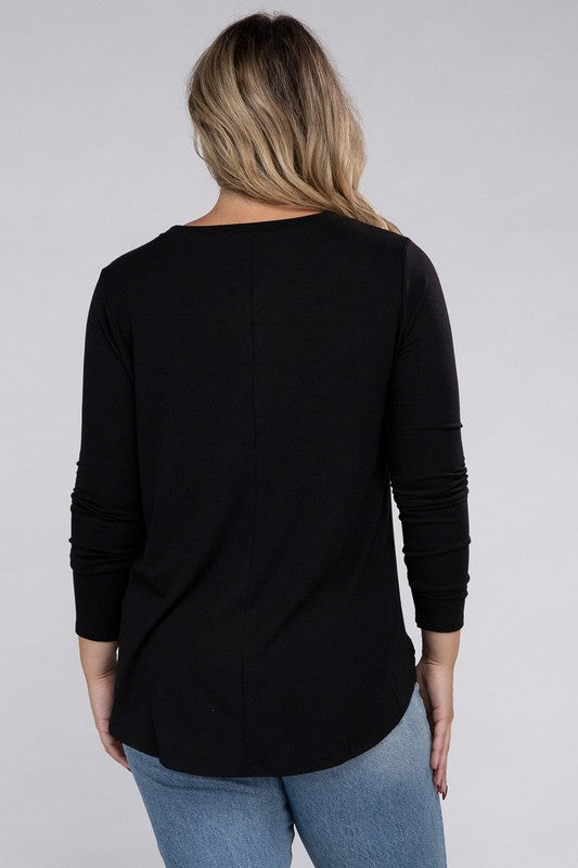 Plus Long Sleeve Round Neck Round Hem Top