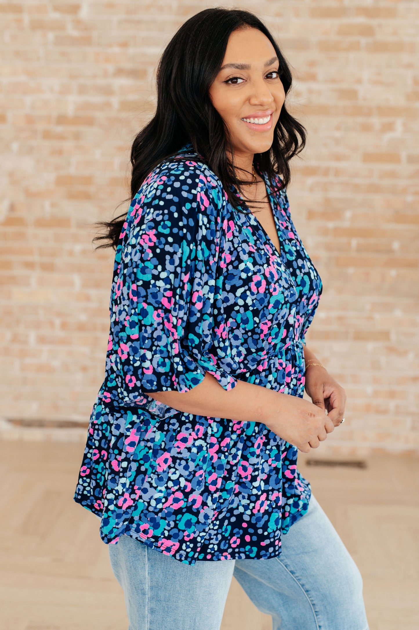 Dreamer Peplum Top in Navy and Lavender Animal Print