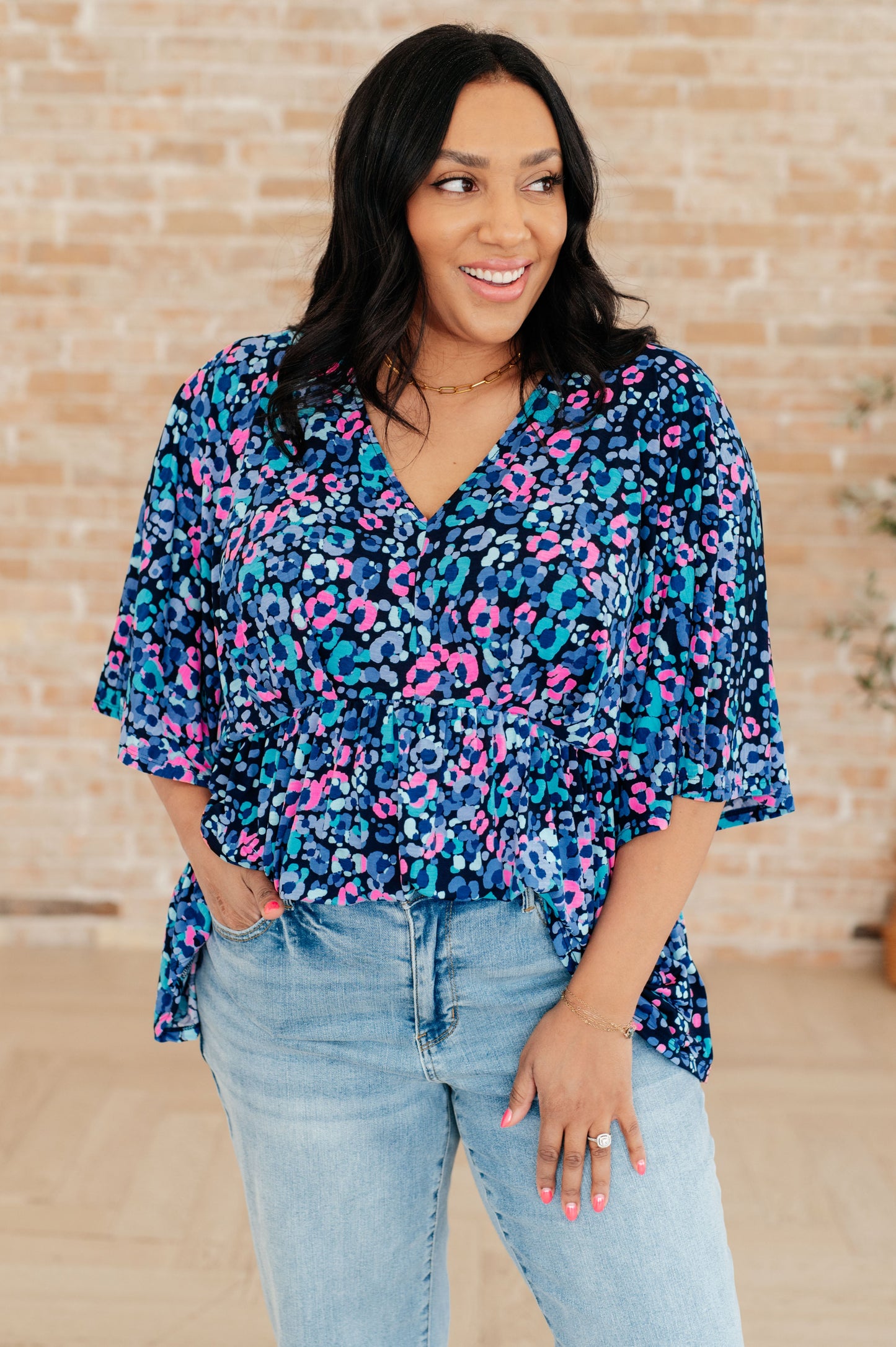 Dreamer Peplum Top in Navy and Lavender Animal Print