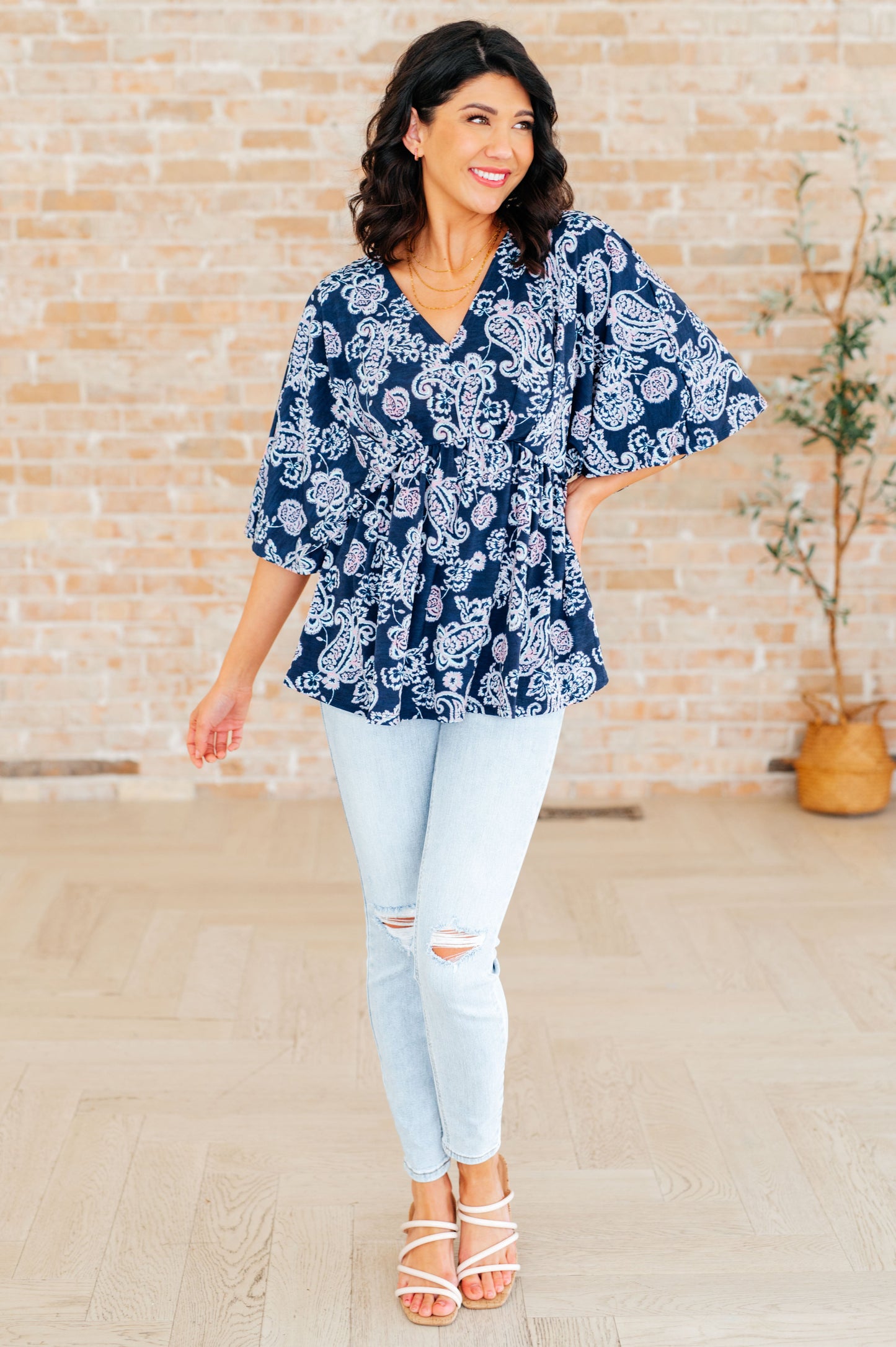 Dreamer Peplum Top in Navy and Pink Paisley