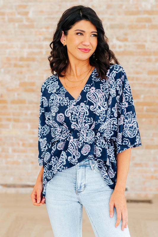 Dreamer Peplum Top in Navy and Pink Paisley