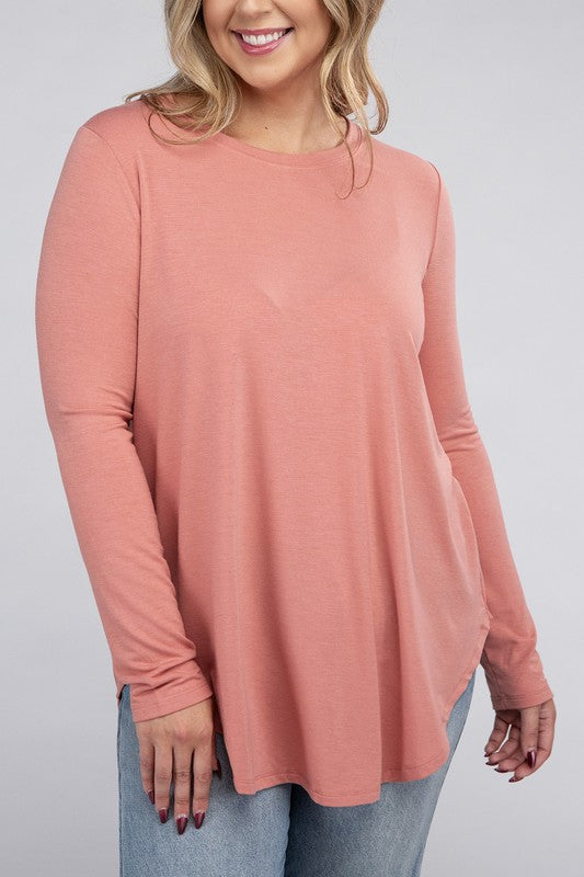 Plus Long Sleeve Round Neck Round Hem Top