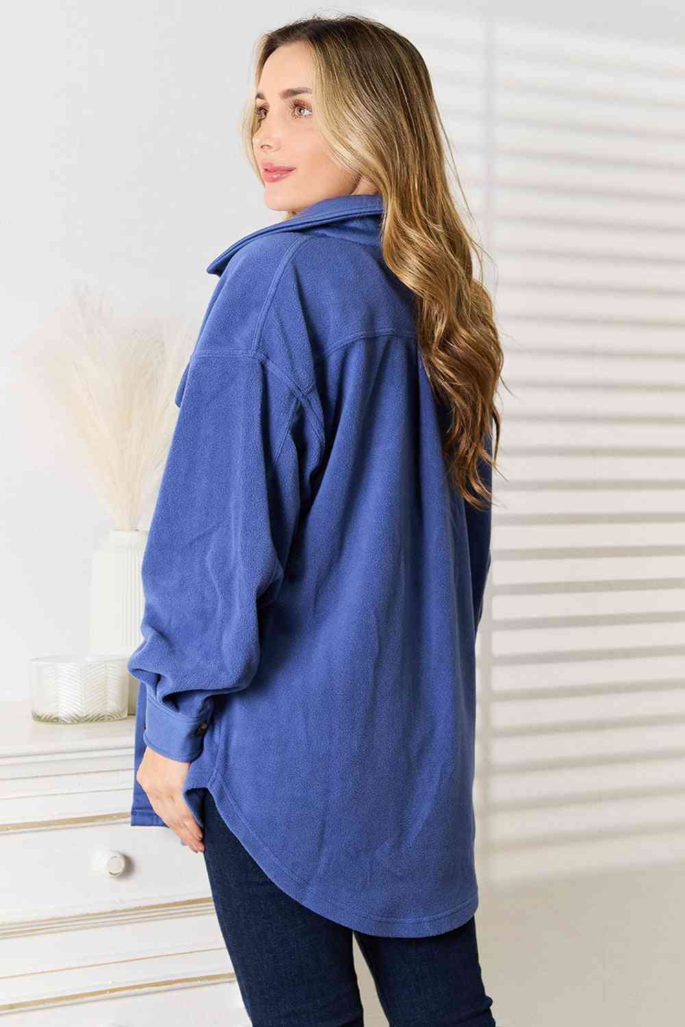 Cozy Girl Button Down Shacket in Dusty Blue