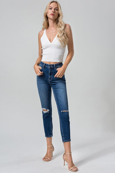 BAYEAS High Waist Distressed Washed Cropped Mom Jeans