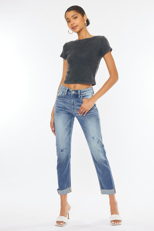 Kancan High Rise Cuffed Slim Straight Jeans