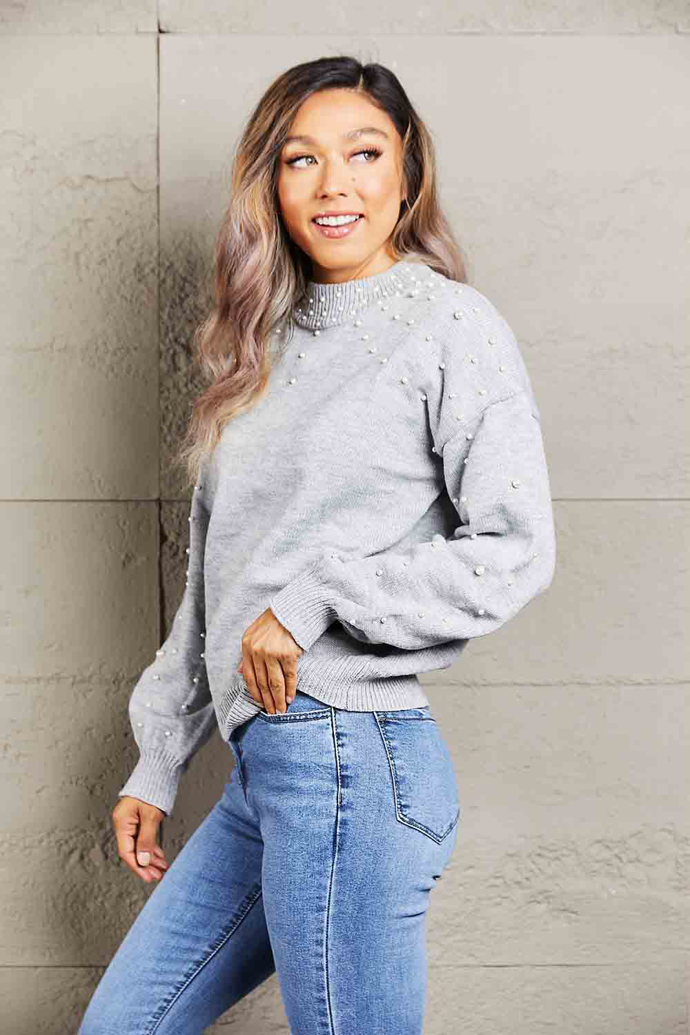 Pearly Ribbed Trim Sweater