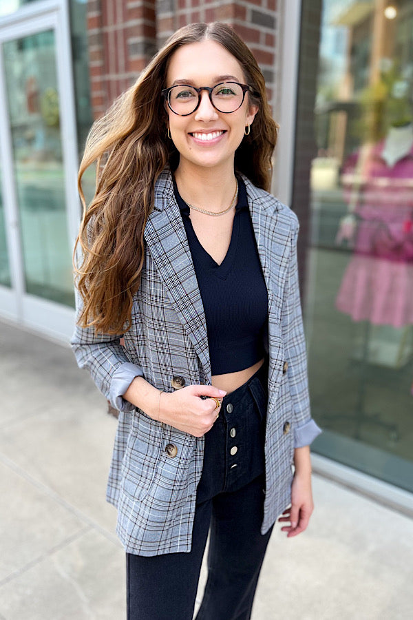 Preptastic Black Gray Plaid Blazer