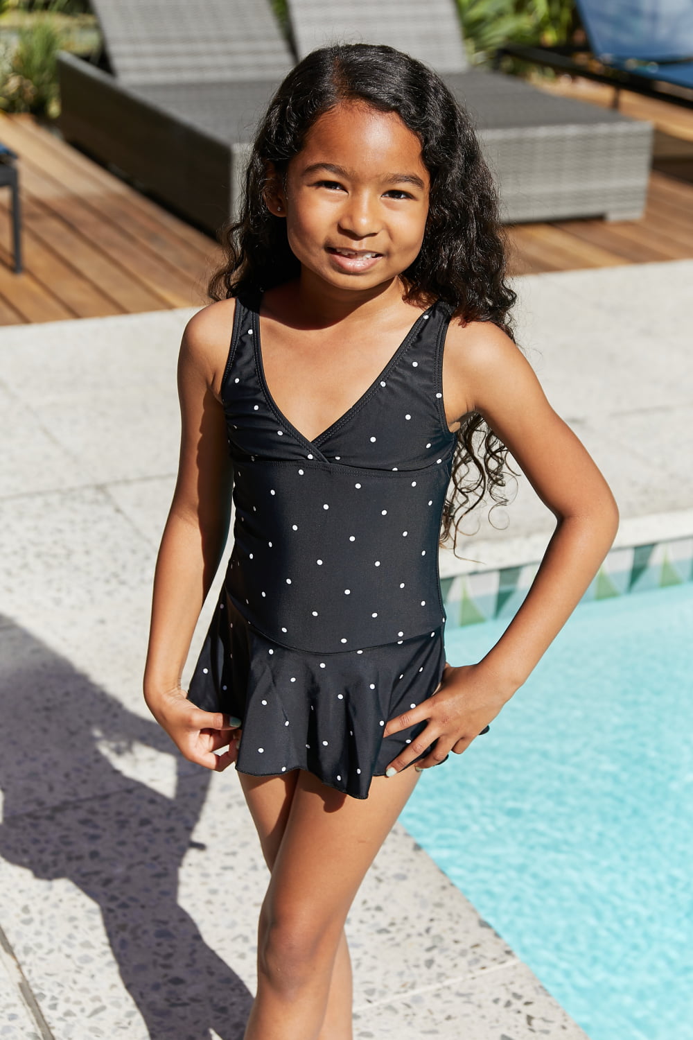 Girls Clear Waters Swim Dress in Black/White Dot