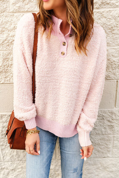 Fuzzy Quarter Button Sweater