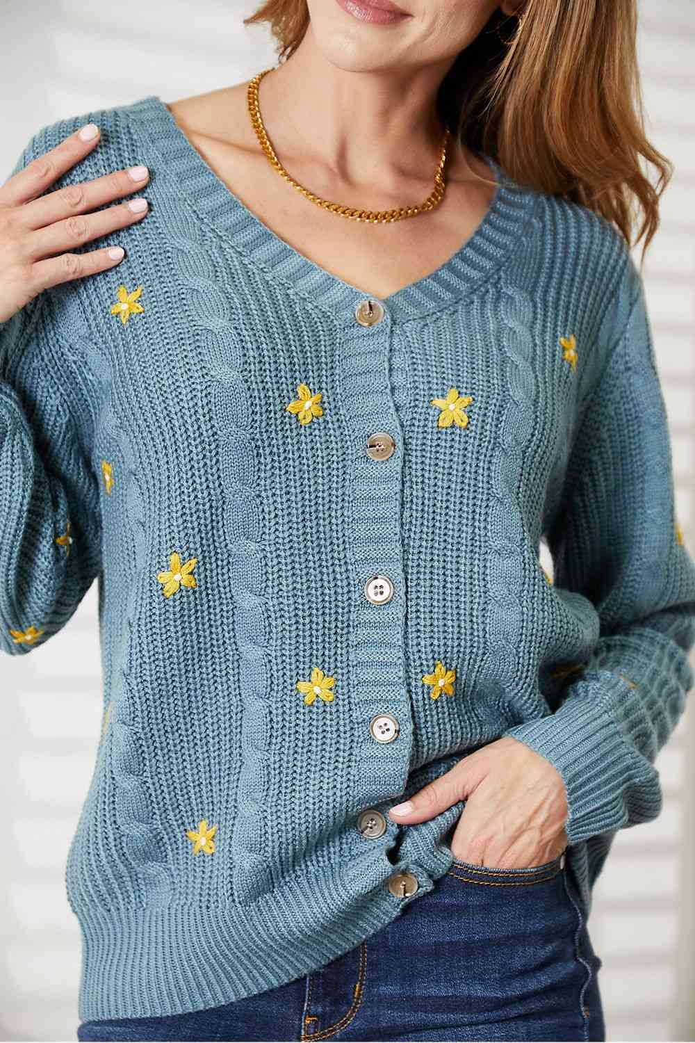 Hey Girl Embroidered Cable Cardigan