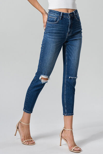 BAYEAS High Waist Distressed Washed Cropped Mom Jeans