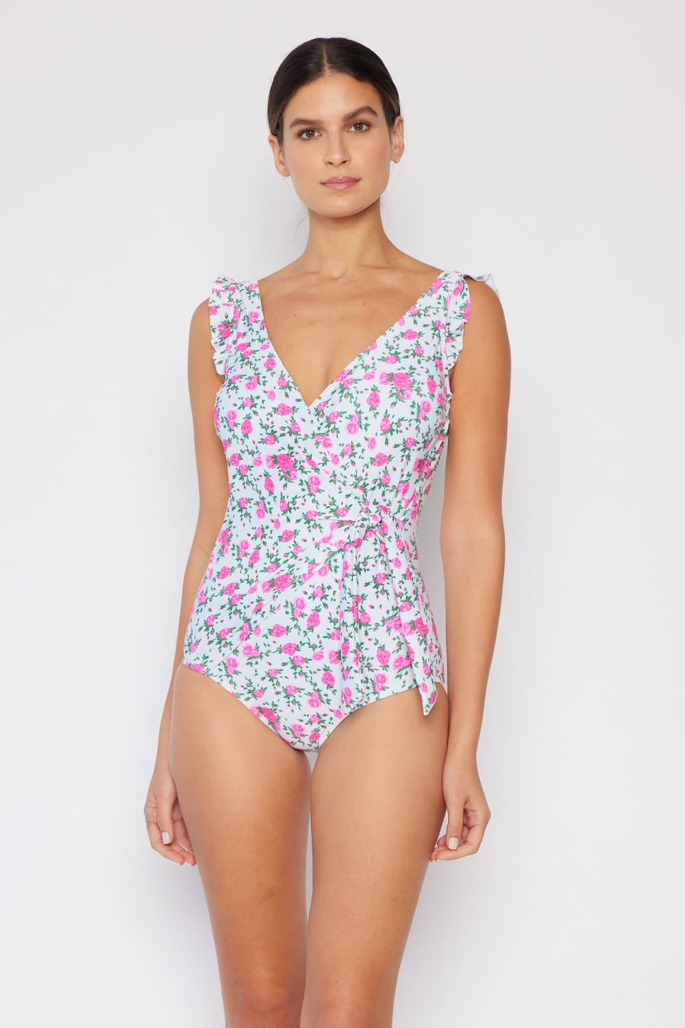 Float On Ruffle Faux Wrap One-Piece Swimsuit in Roses Off-White