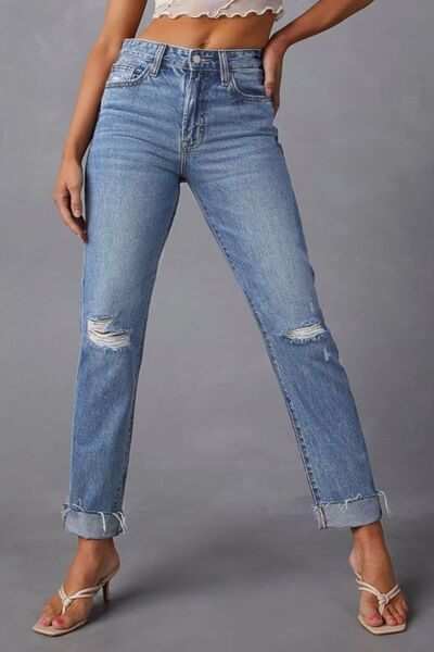 Trendy Envy Distressed Raw Hem Straight Jeans