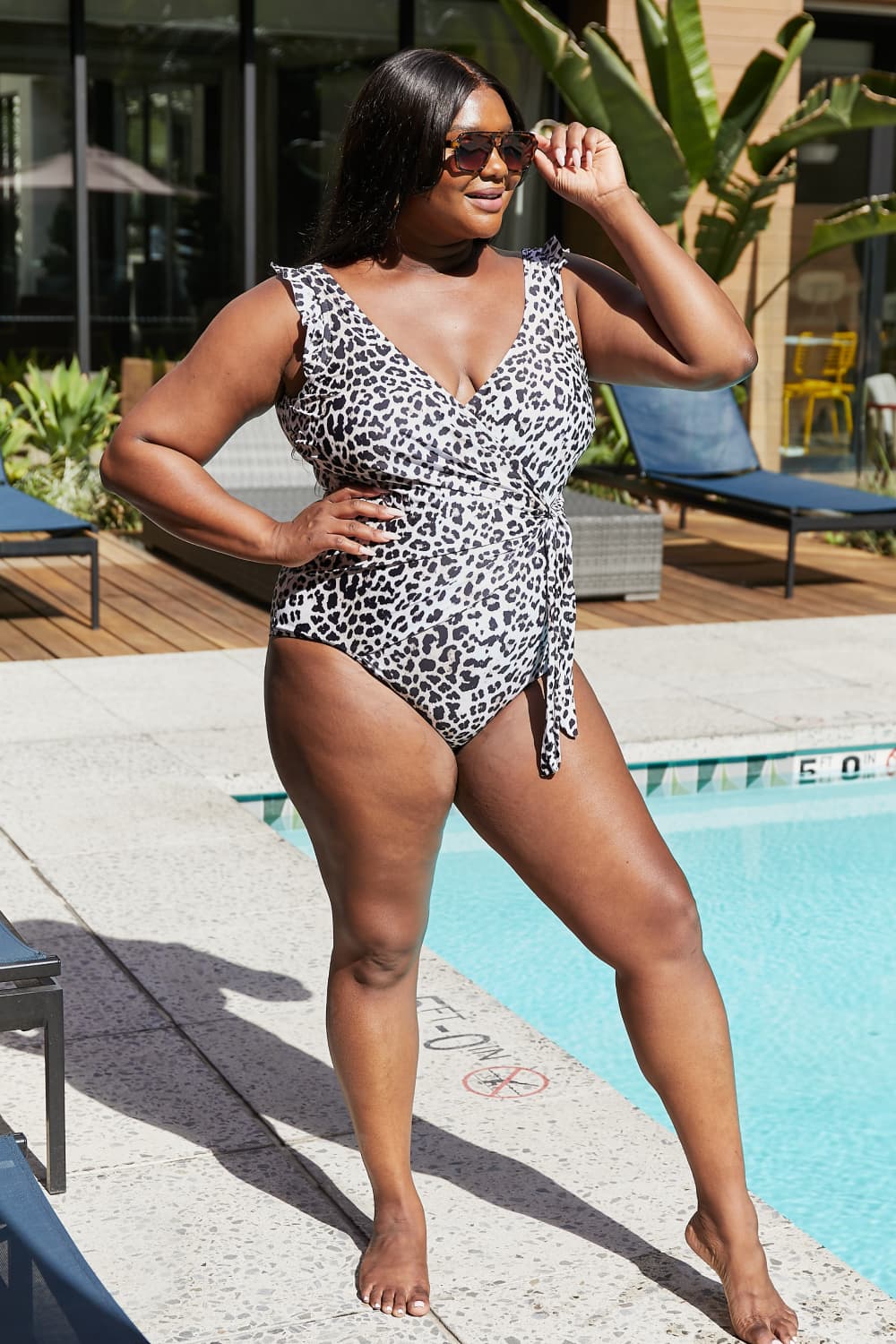 Float On Ruffle Faux Wrap One-Piece Swimsuit in Cat