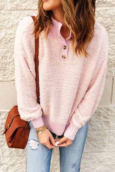 Fuzzy Quarter Button Sweater