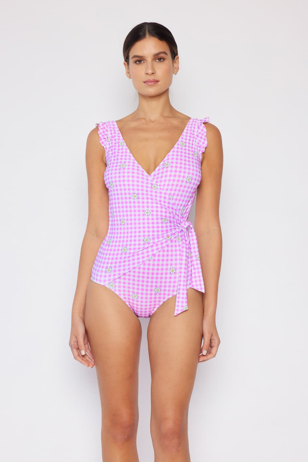 Float On Ruffle Faux Wrap One-Piece Swimsuit in Carnation Pink