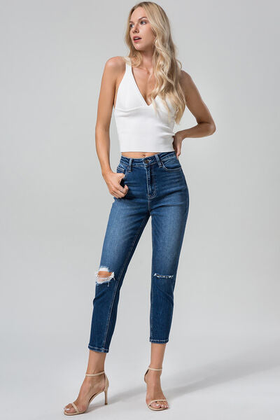 BAYEAS High Waist Distressed Washed Cropped Mom Jeans