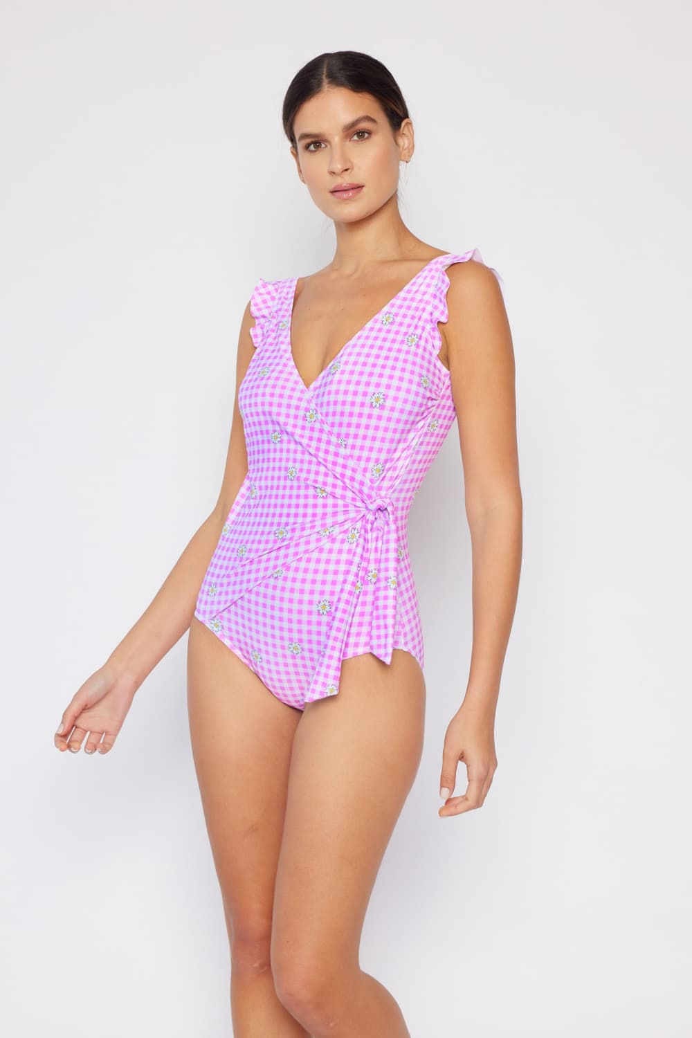 Float On Ruffle Faux Wrap One-Piece Swimsuit in Carnation Pink