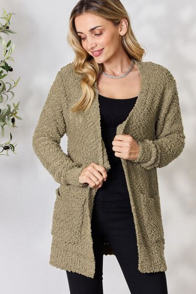 Falling For You Open Front Popcorn Cardigan in Khaki