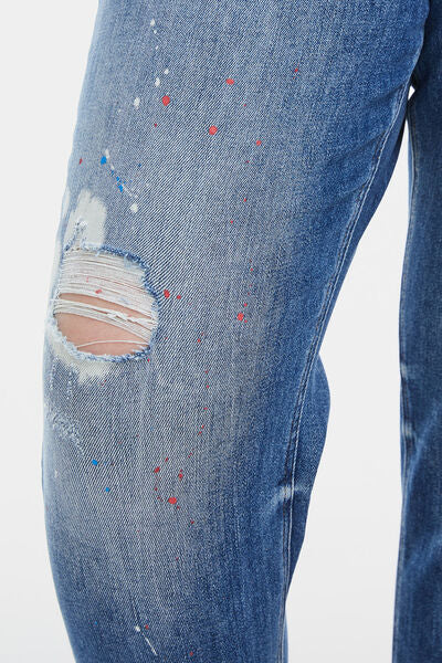 BAYEAS High Waist Distressed Paint Splatter Pattern Jeans