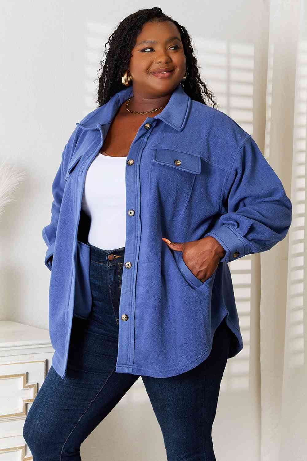 Cozy Girl Button Down Shacket in Dusty Blue