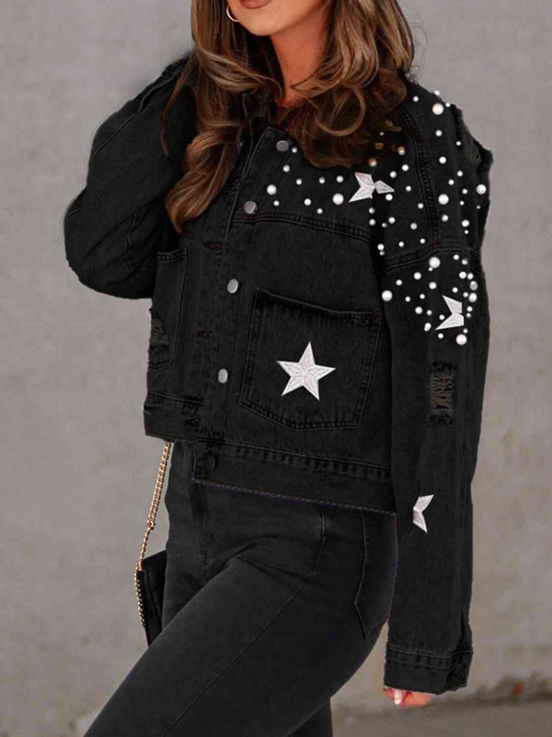 Star Struck Pearl Detail Denim Jacket