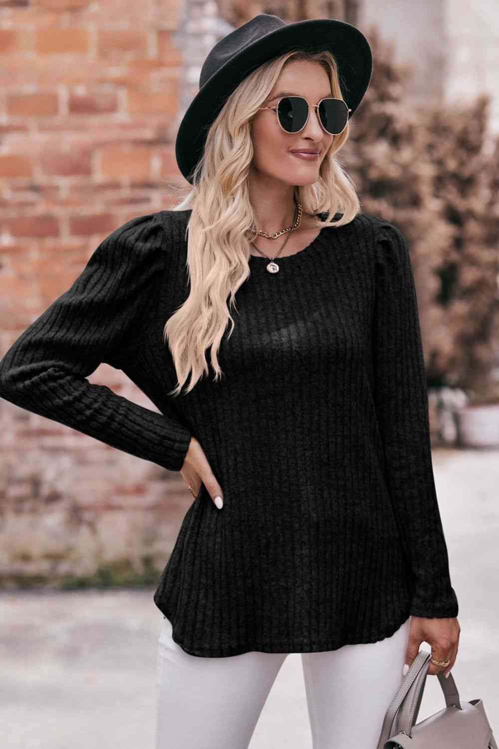 Double Take Round Neck Puff Sleeve Ribbed Top