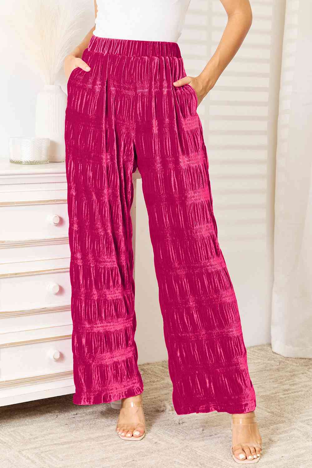 Tiered Shirring Velvet Wide Leg Pants