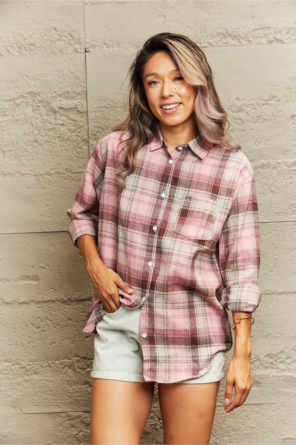 Marley Plaid Shirt in Blush Pink