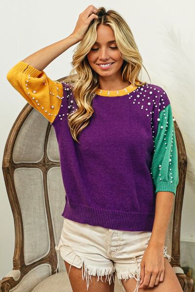 Mardi Gras Pearl Detail Sweater