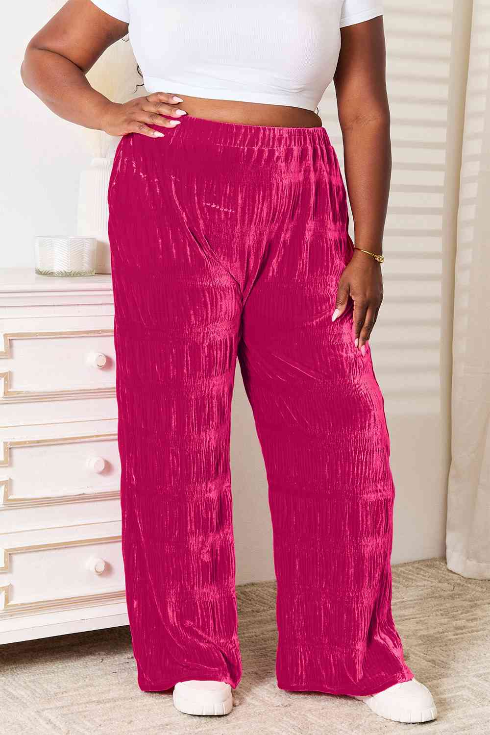 Tiered Shirring Velvet Wide Leg Pants