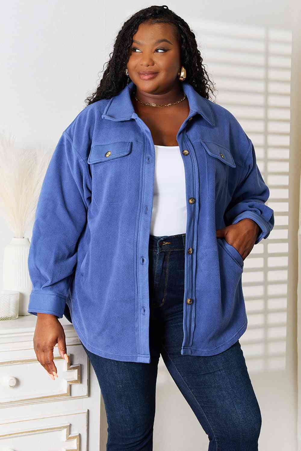 Cozy Girl Button Down Shacket in Dusty Blue