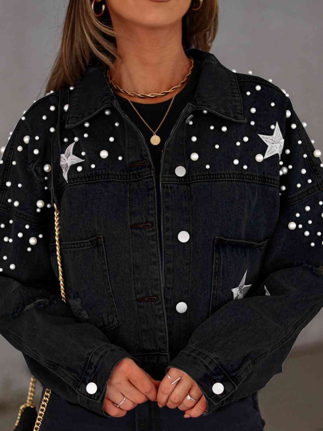 Star Struck Pearl Detail Denim Jacket