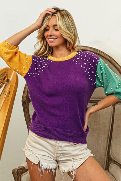 Mardi Gras Pearl Detail Sweater