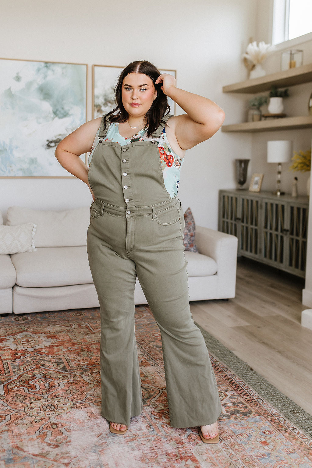 Olivia Control Top Overalls in Olive