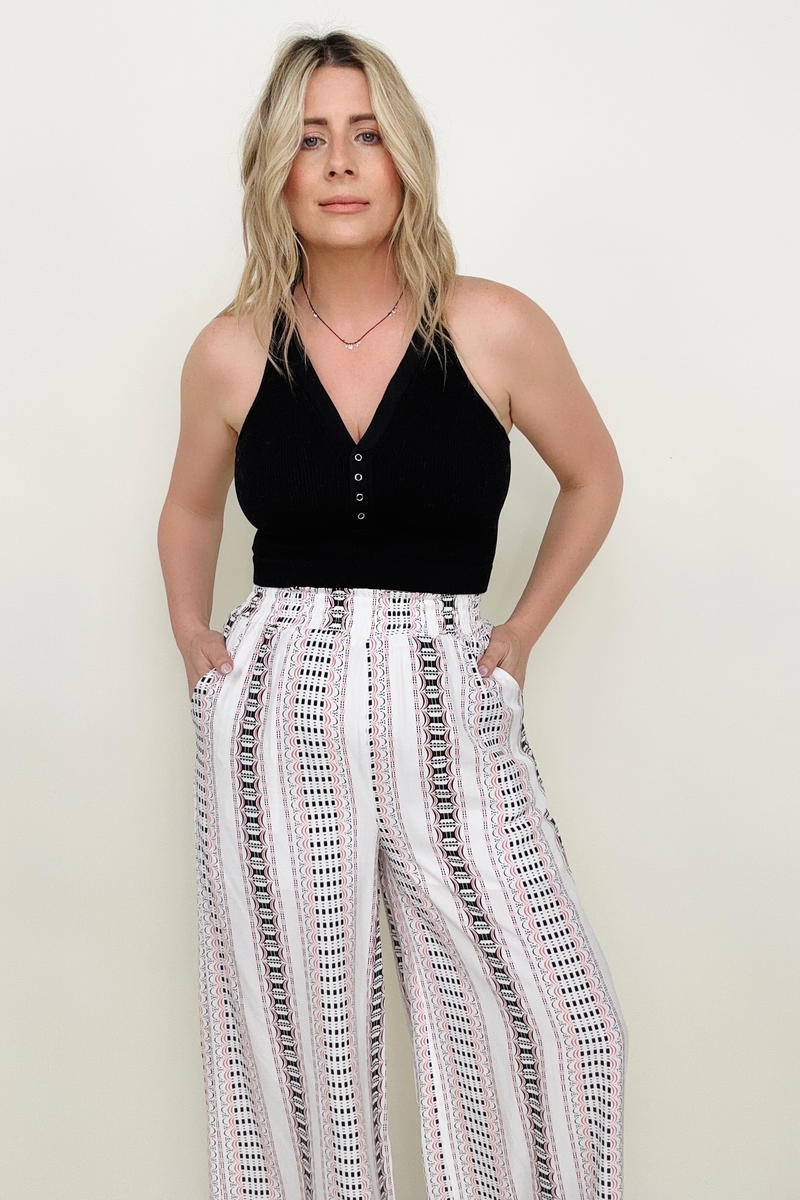 Geo Stripe Smocked Wide Leg Pants