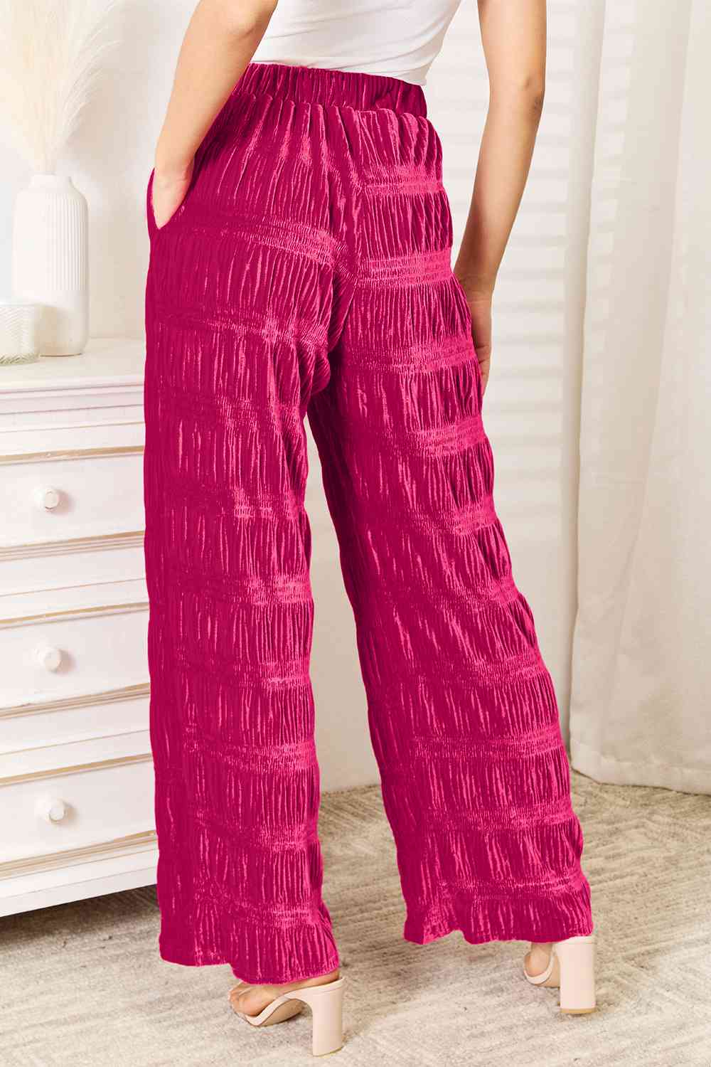 Tiered Shirring Velvet Wide Leg Pants