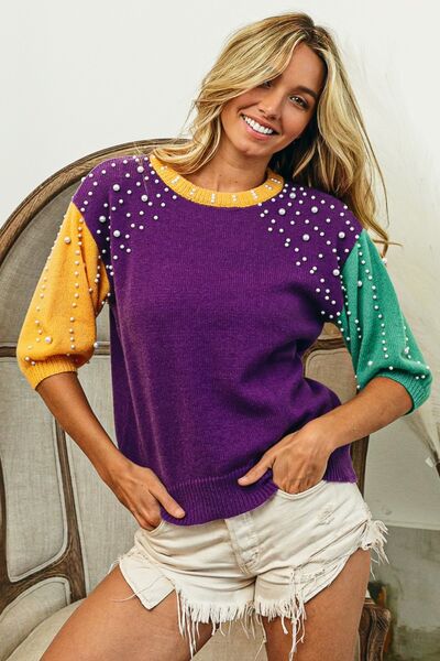 Mardi Gras Pearl Detail Sweater