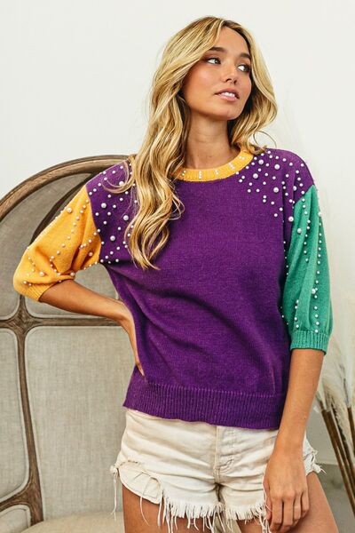 Mardi Gras Pearl Detail Sweater