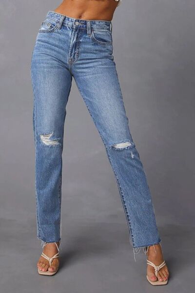 Trendy Envy Distressed Raw Hem Straight Jeans