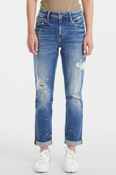 BAYEAS High Waist Distressed Paint Splatter Pattern Jeans