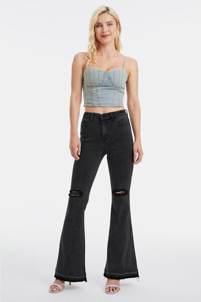 BAYEAS High Waist Distressed Raw Hem Flare Jeans