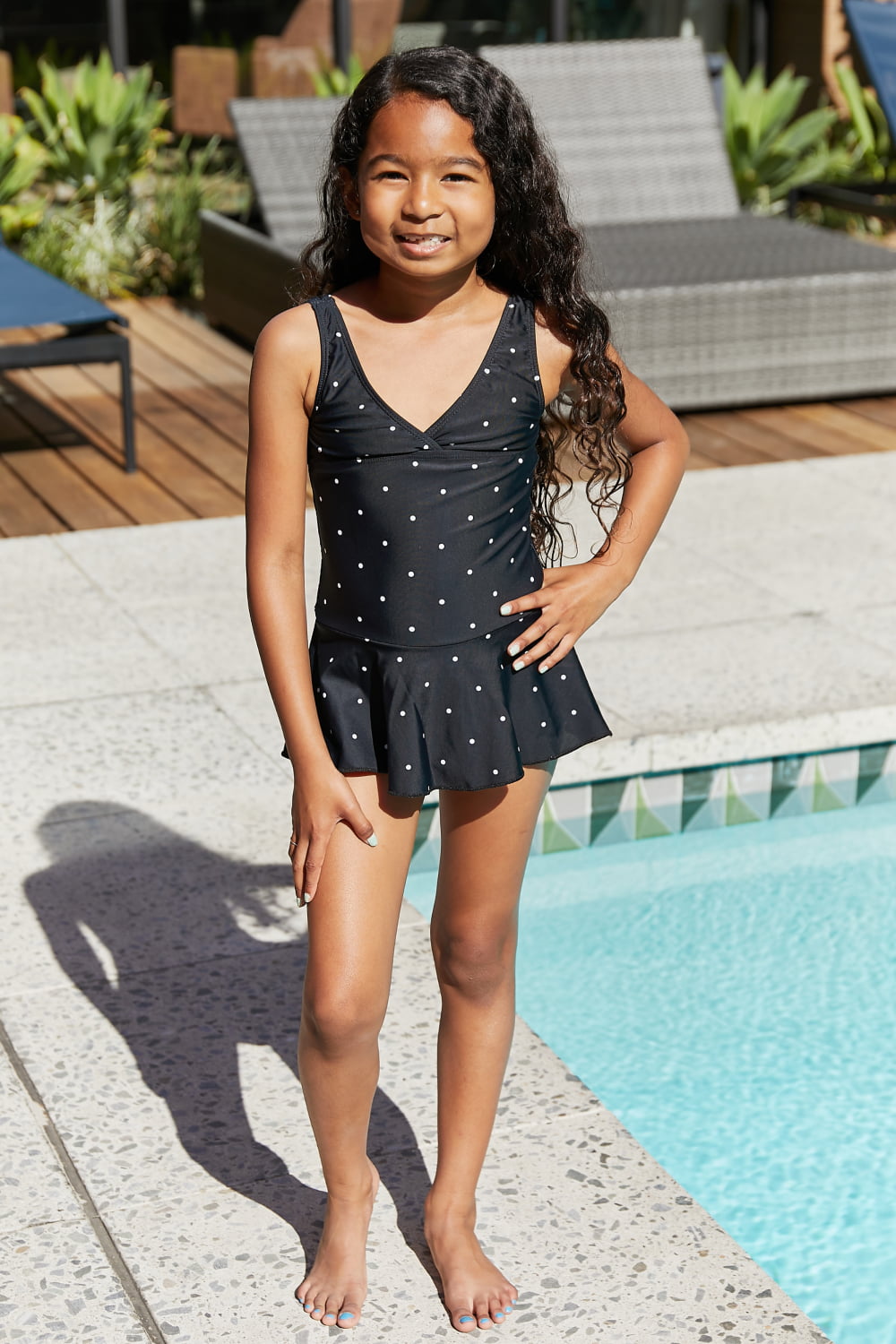 Girls Clear Waters Swim Dress in Black/White Dot