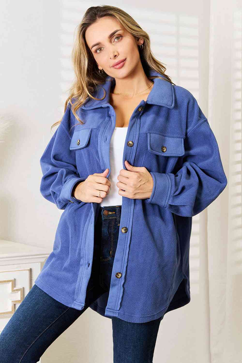 Cozy Girl Button Down Shacket in Dusty Blue