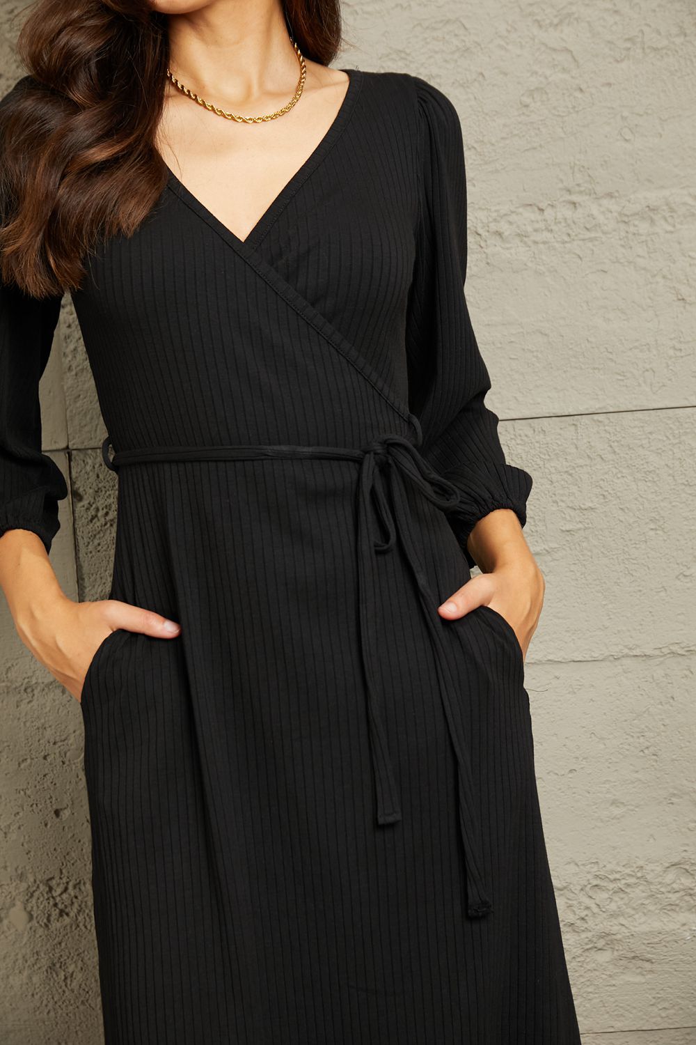 Surplice Flare Ruched Dress in Black