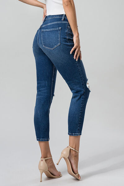 BAYEAS High Waist Distressed Washed Cropped Mom Jeans