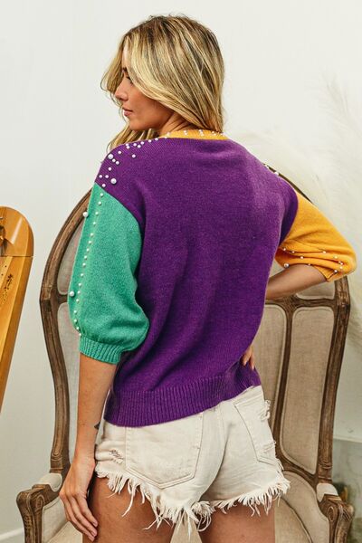 Mardi Gras Pearl Detail Sweater